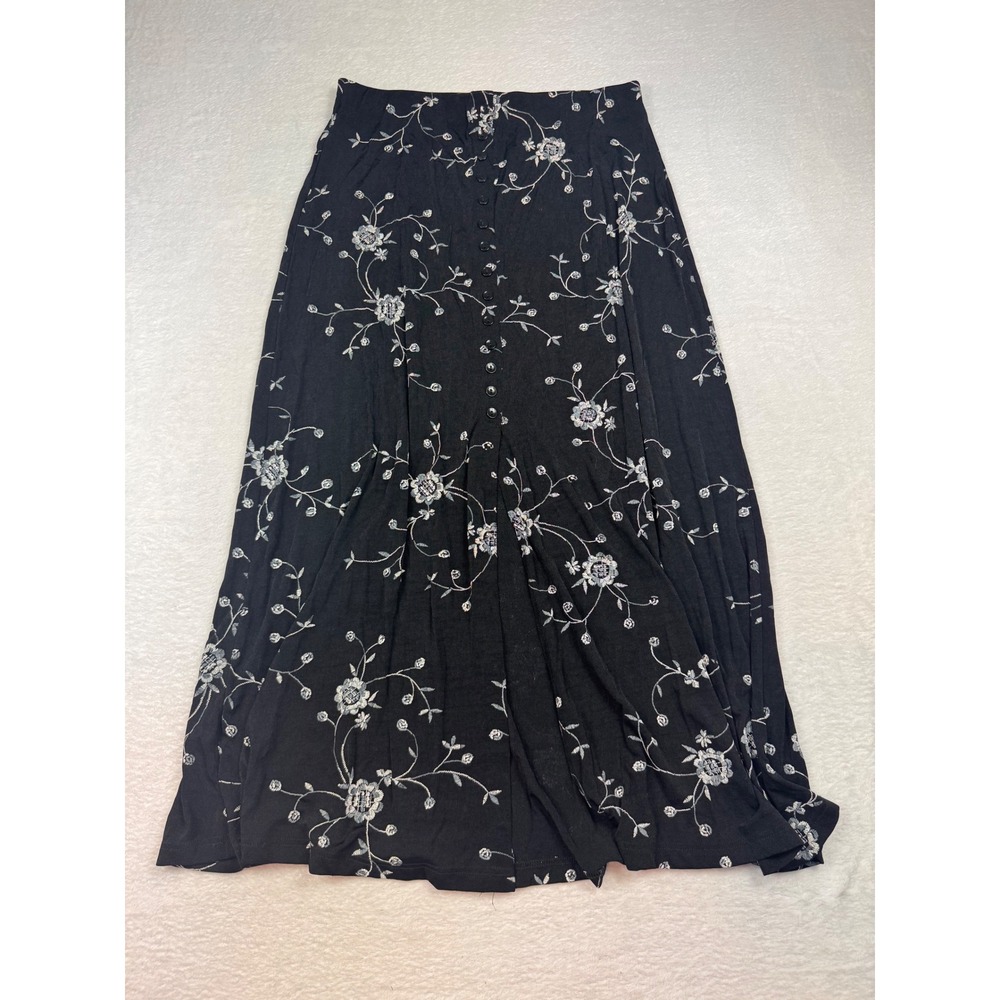 Briggs New York Vintage Y2K Black Floral Embroidered Button Front Maxi Skirt L